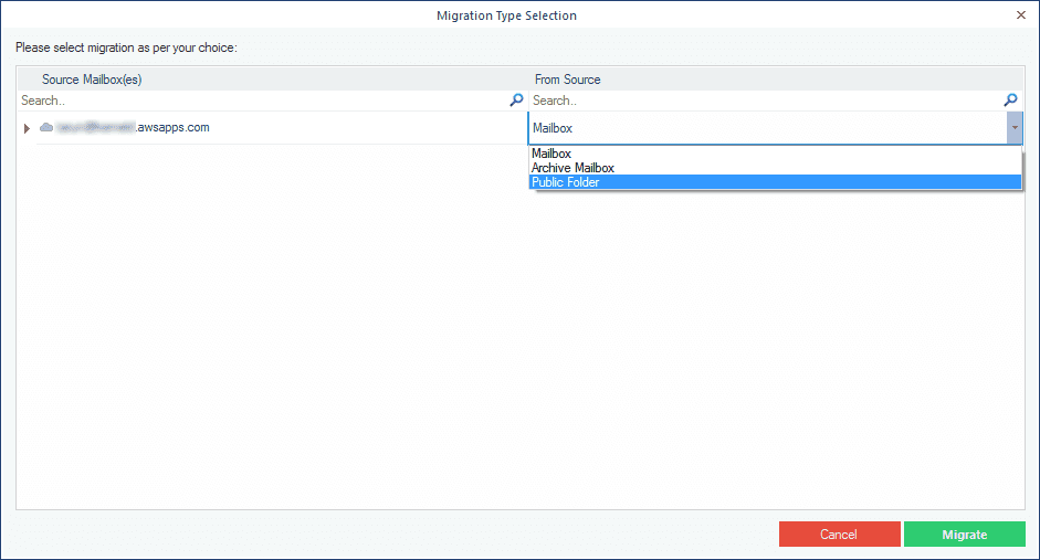 Selecting the WorkMail data type for backup