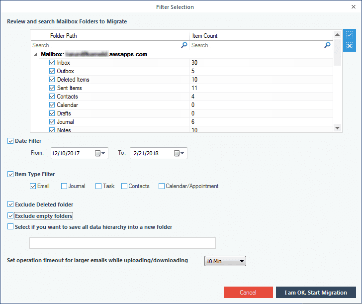 Filtering the WorkMail data before backup