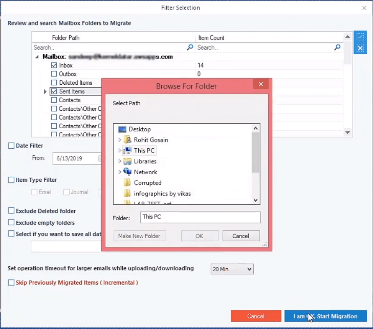 Provide a folder location to save the WorkMail backup in PST format
