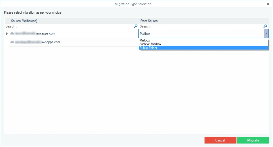 Select Mailboxes and Start migration