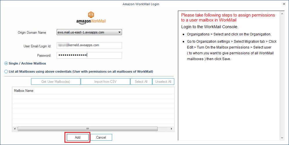 Providing WorkMail account credentials