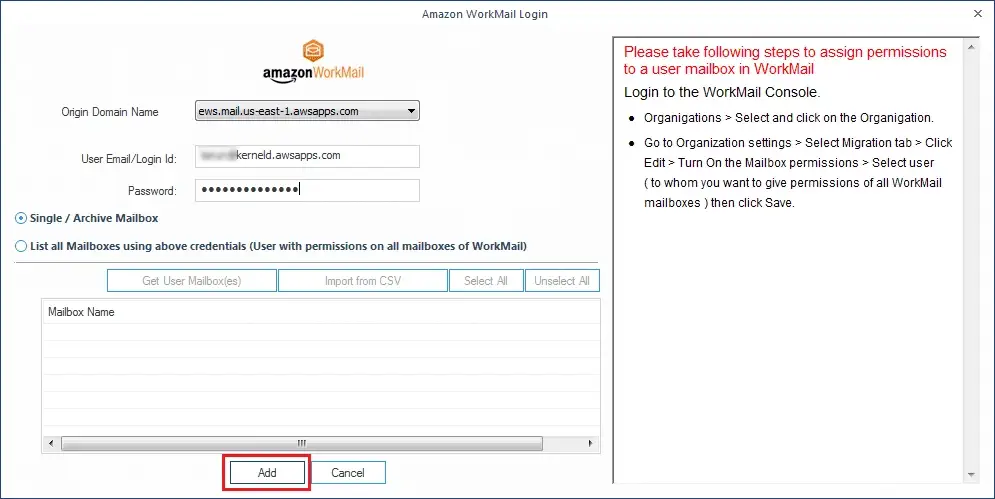 Providing WorkMail account credentials
