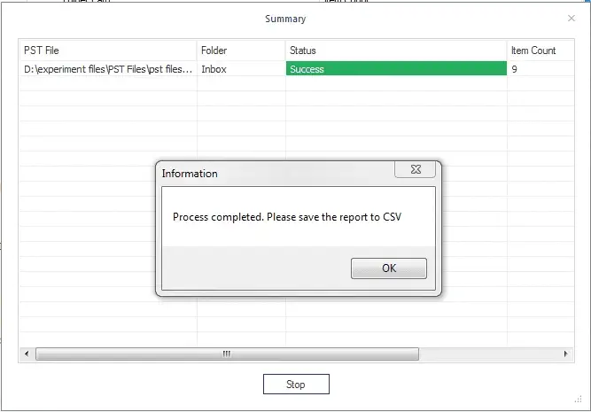Successful completion of the PST import process