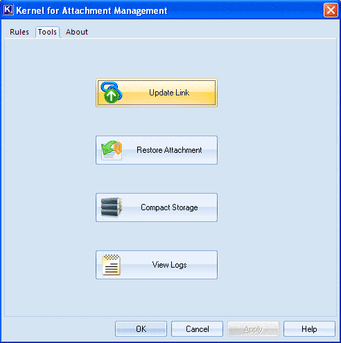 Window displaying the available options embedded in the software