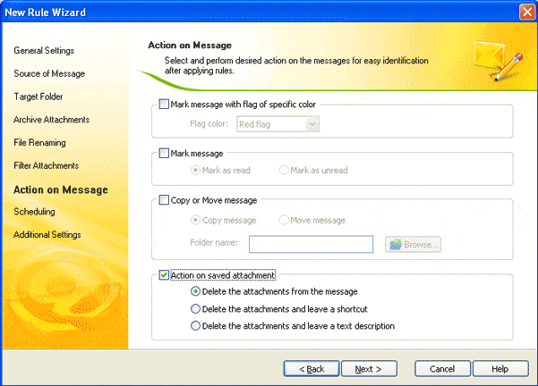 Windows displays the Action on Message options