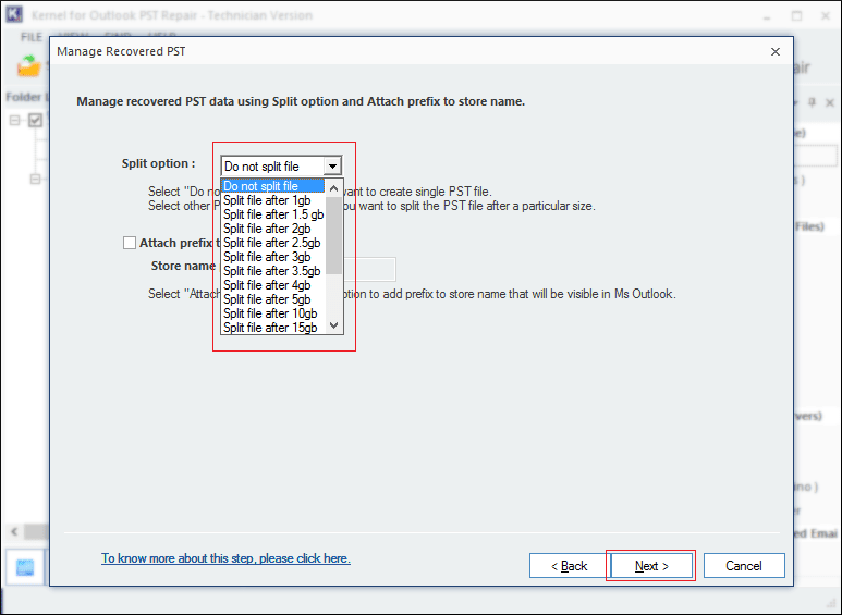 select PST file size