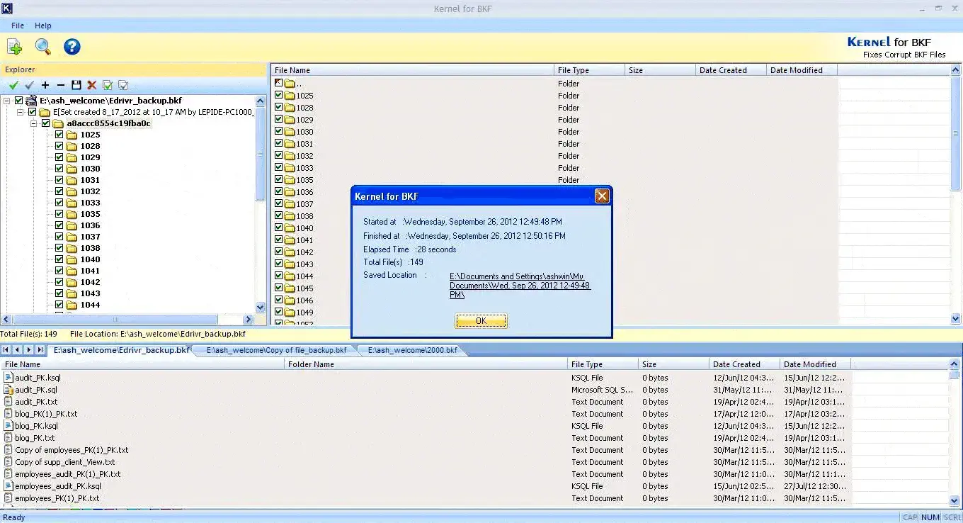 Navigate to the location of saved BKF data items 