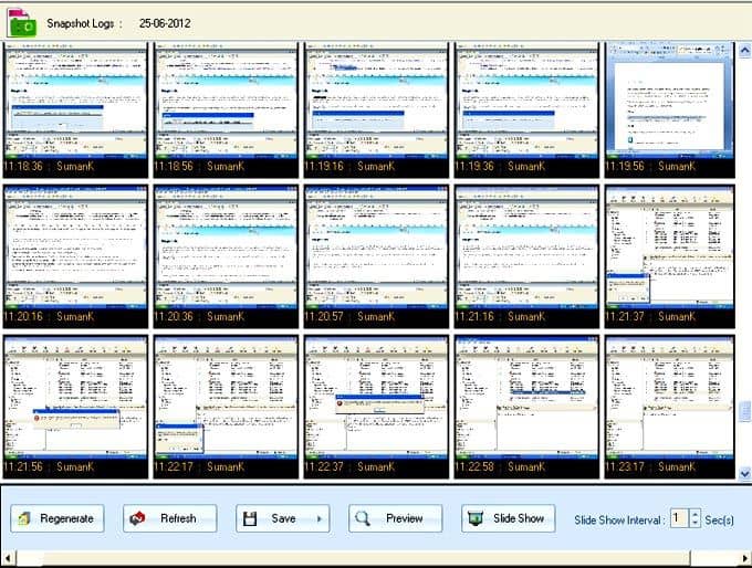 Screen showing the list of captured snapshot