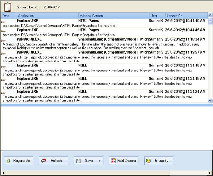 Screen highlighting details of clipboard activity