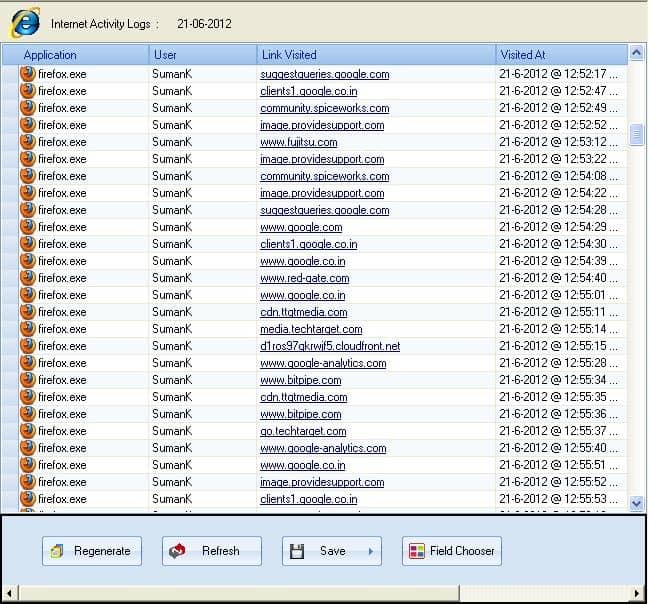 Screen describing internet activity logs