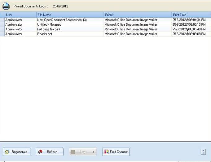 Screen illustrating detailed list of print activities