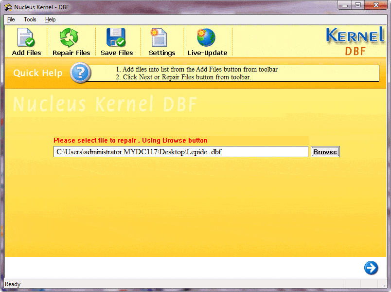 Main screen of Kernel for DBF