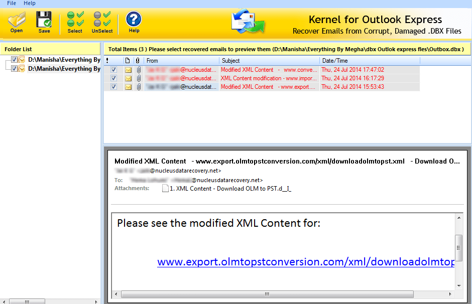 Displaying the content of DBX file