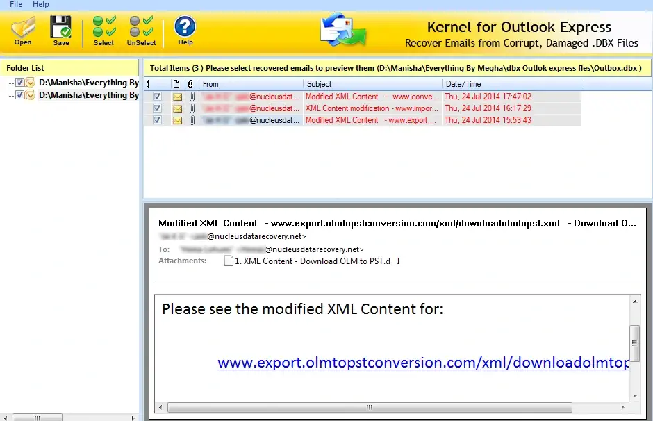 Displaying the content of DBX file