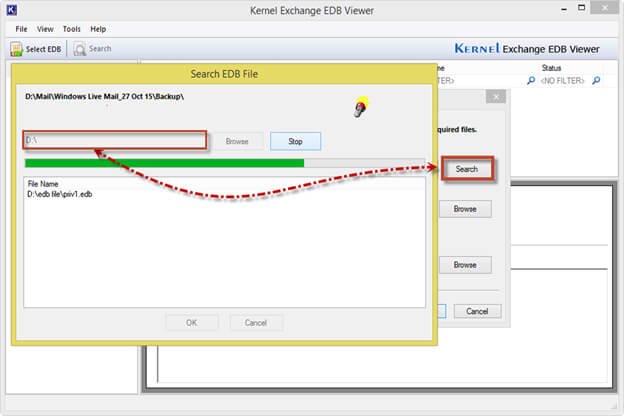 If you’re unable to find the desired EDB files, then click the Search button to trigger the in-depth file searches on selected hard disk drive.