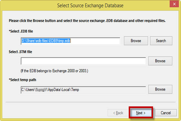 After attaching the desired EDB file, click the Next button to continue.