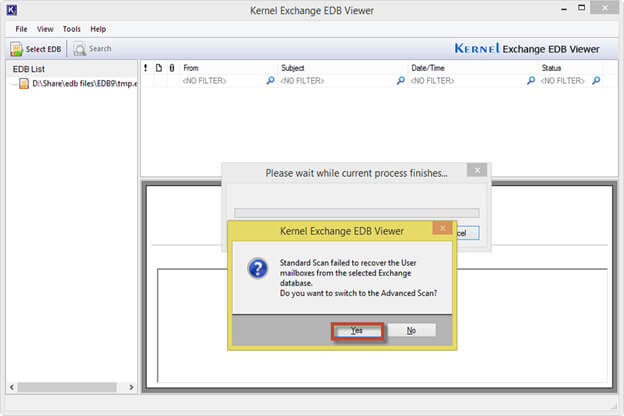 The software displays the tool dialog box prompting user to switch to Advanced Scan if the corruption couldn’t be dealt with Standard Scan. Click Yes to continue.