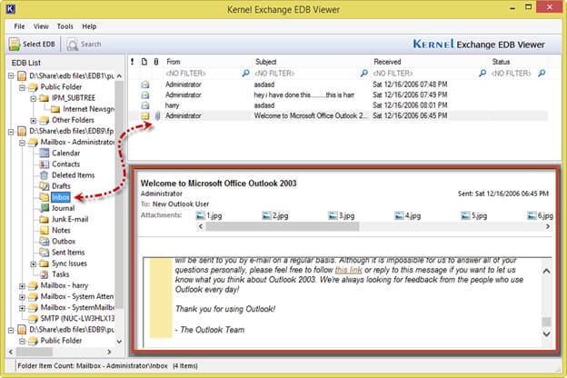 The software robustly generates an intuitive display of EDB data files which can be explored while expanding each EDB folders from the left pane as shown in the screenshot. Click individual email to obtain the preview of content.