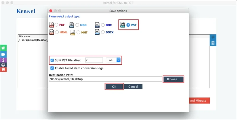 Select PST options