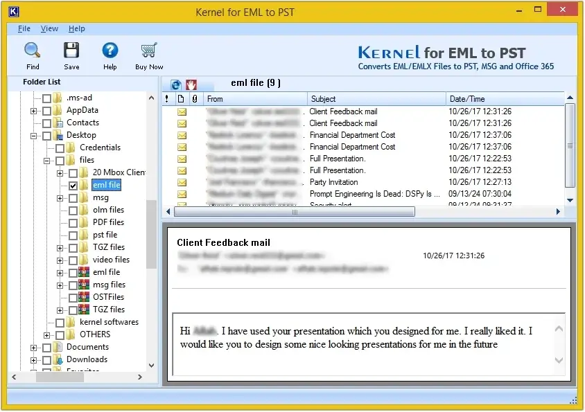 All the EML files are listed