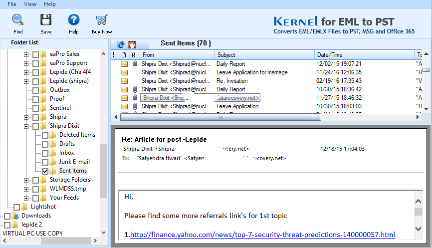 Displaying the content of selected EMLX file