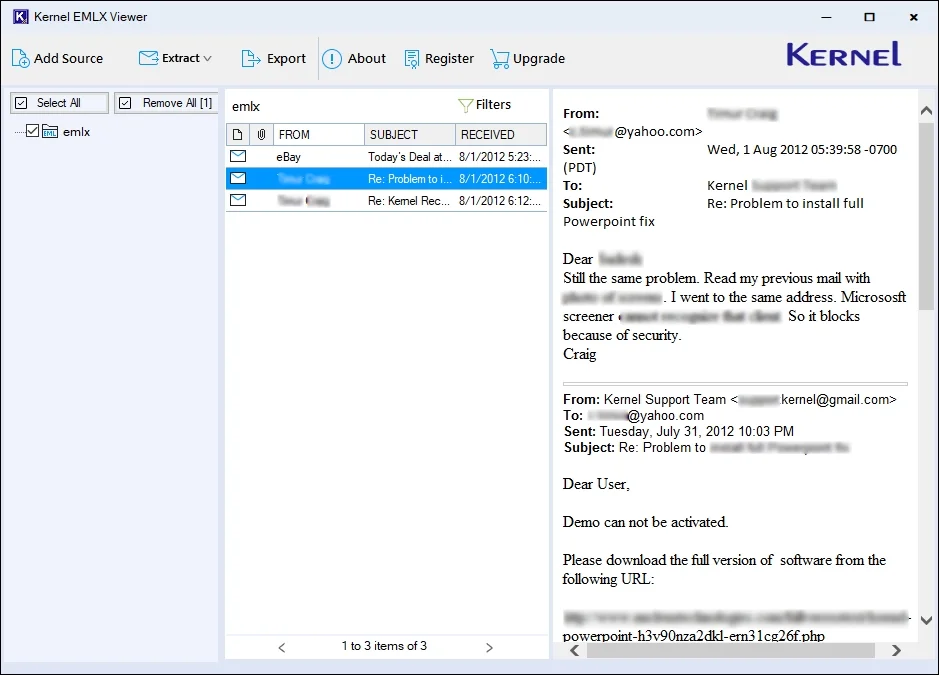 Preview all the data of selected EMLX files
