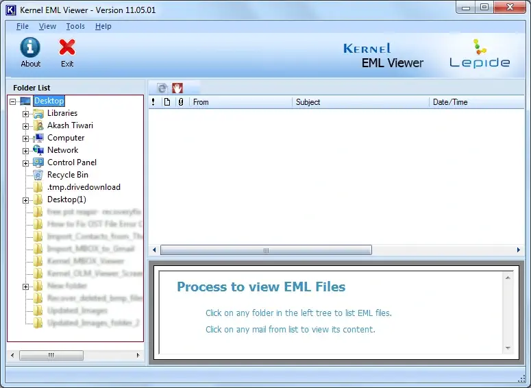 Kernel EML Viewer shows your system directories in a hierarchical tree-like structure
