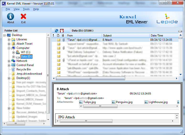 Select any specific directory to view EML files