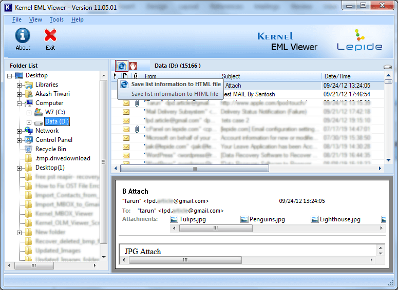 Save the EML email list with Save list information to HTML file button