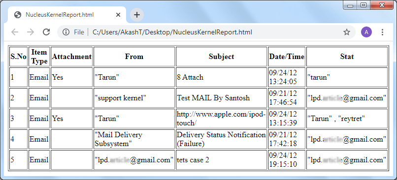 EML list information will get saved to the specified location