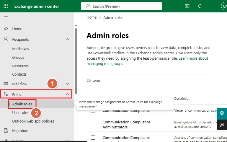 Exchange Admin roles