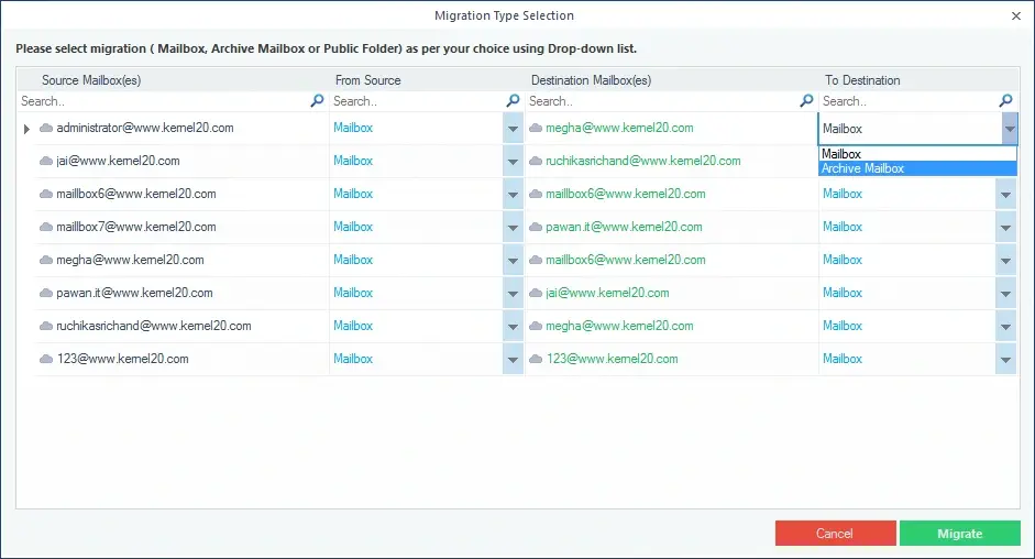 Select the migration choice mailbox, archive mailbox, and public folder