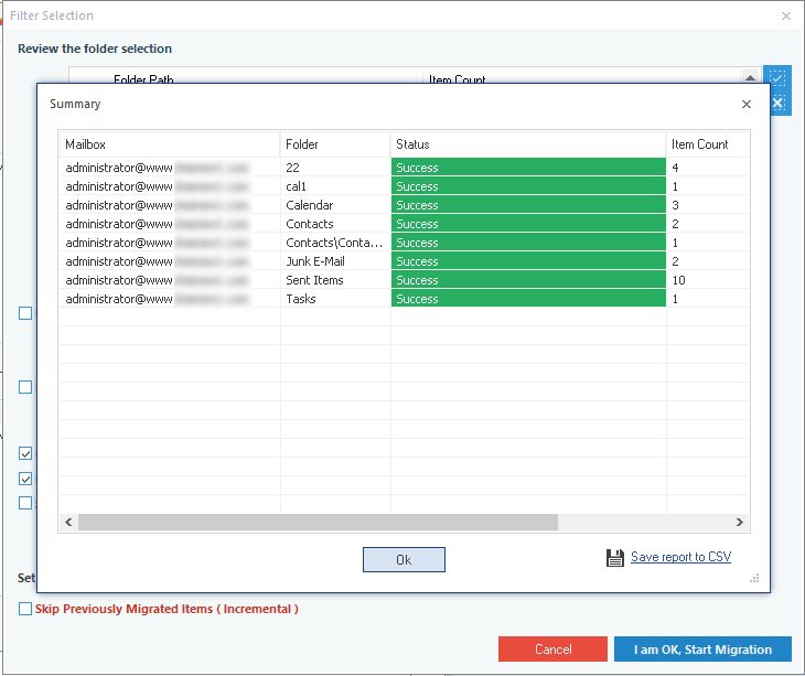 Save report to CSV to save the complete migration report