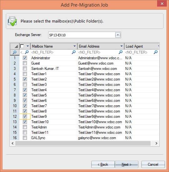 Selection of Exchange mailboxes for pre-migration analysis.