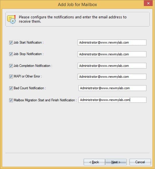Notifications settings for the mailbox migration.