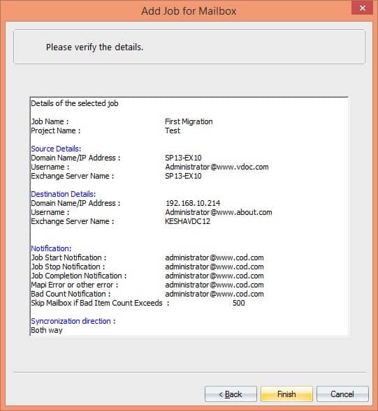 Verifying the details of mailbox migration job.