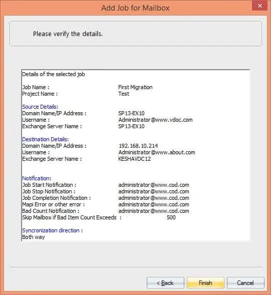 Verifying the details of mailbox migration job.