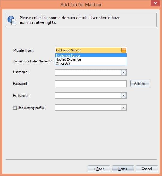 Selection of source for mailbox migration (Exchange Server/Hosted Exchange/Office 365).