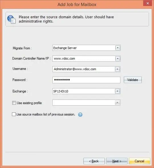 Providing source credentials for mailbox migration.
