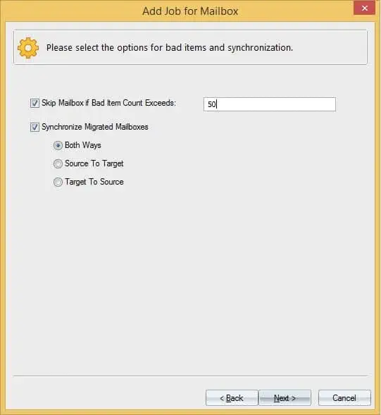Synchronization settings for the mailbox migration.