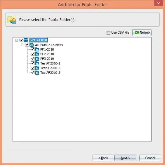 Selection of public folders for migration.