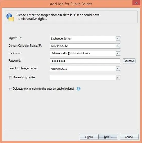Providing destination credentials for public folder migration.