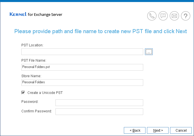 Provide the location to create new PST file.