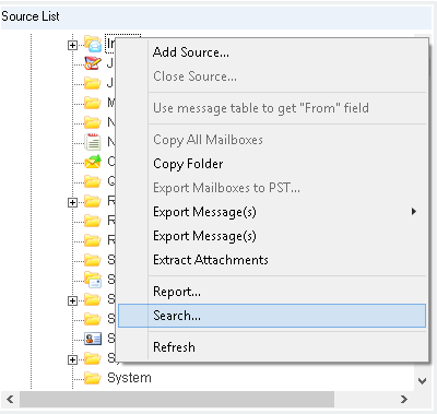 Select any mailbox/folder from source and right-click it to perform Search operation.