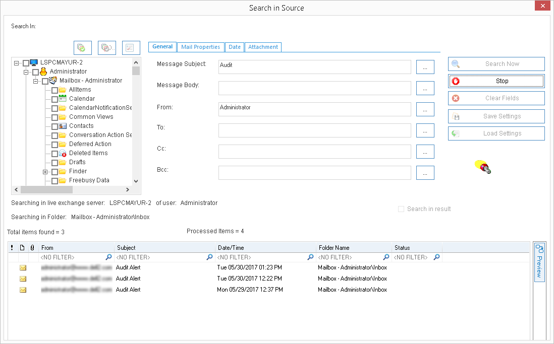 Search with any specific phrase/word, search items by date range, attachment size etc.