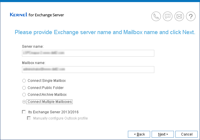 Enter the Exchange Server credentials to connect, and start the process.