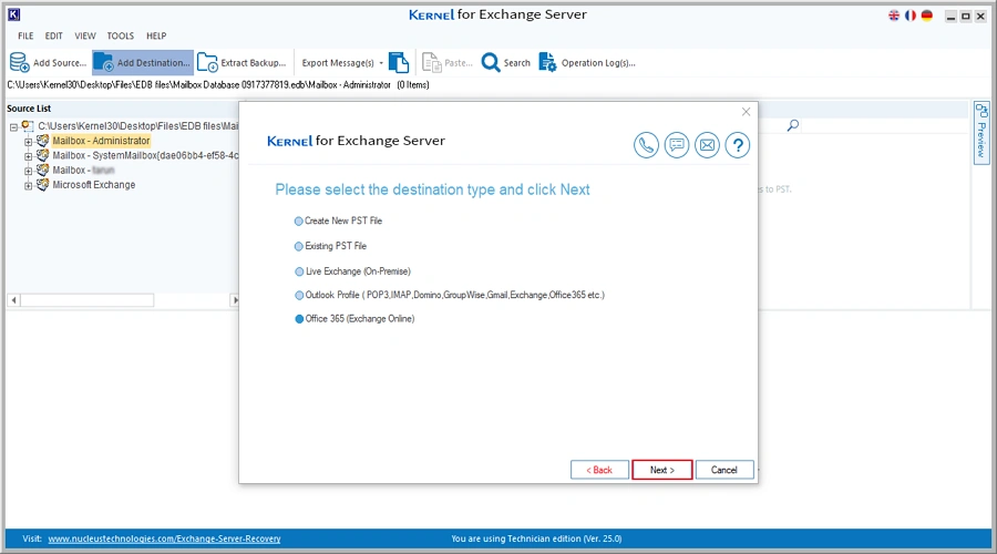 select office 365 as destination
