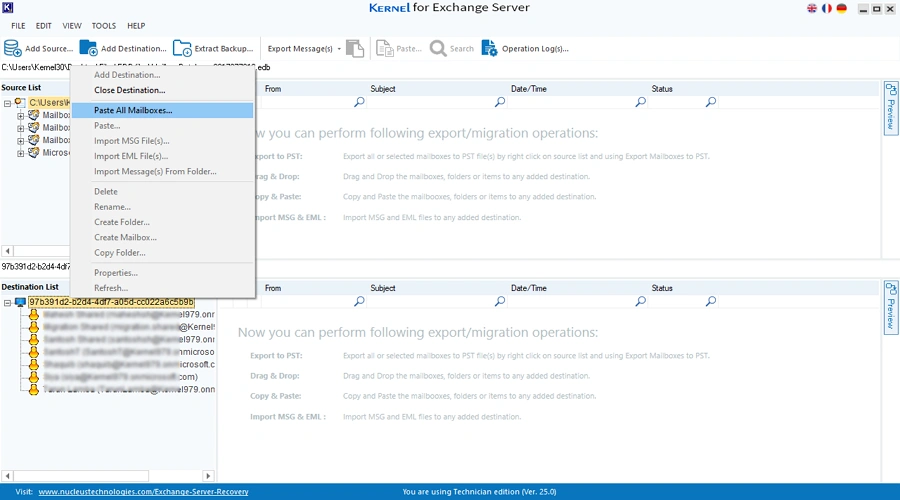paste mailboxes in destination