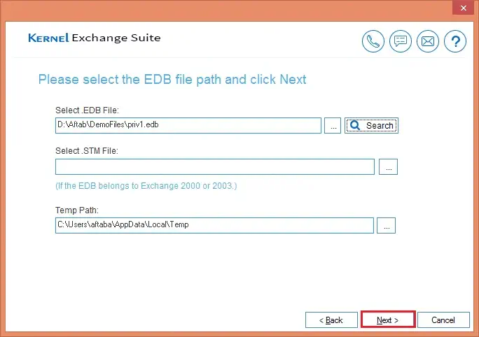 Click Next after selecting the desired EDB file