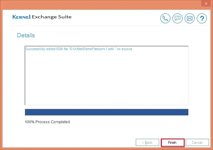 EDB file is selected as Source. Click Finish